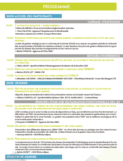 Programme de la journée "Zones humides"